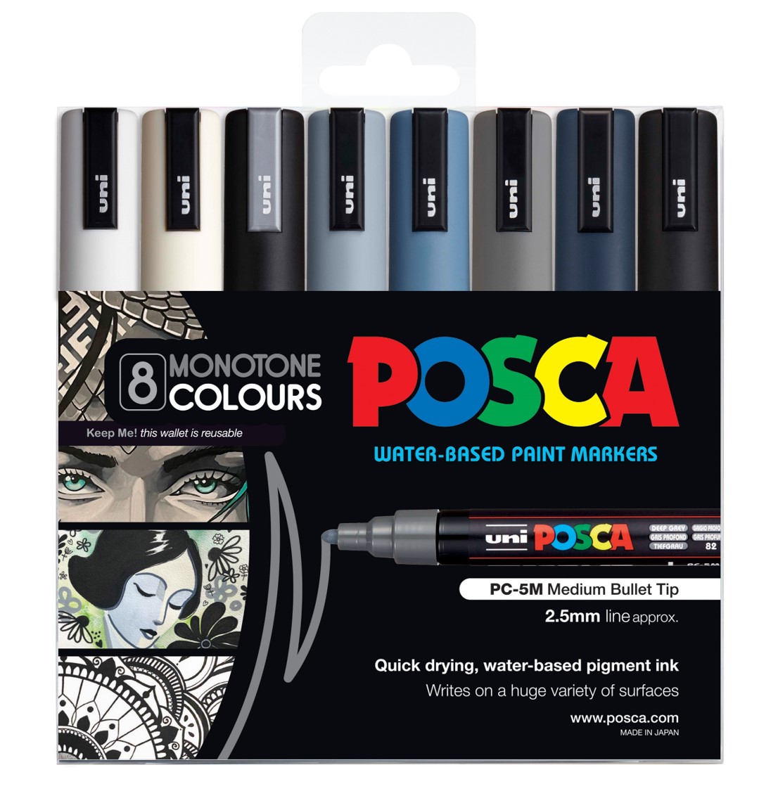 MARKER UNI POSCA PAINT PC5M MEDIUM BULLET TIP MONOTONE COLOURS WLT8
