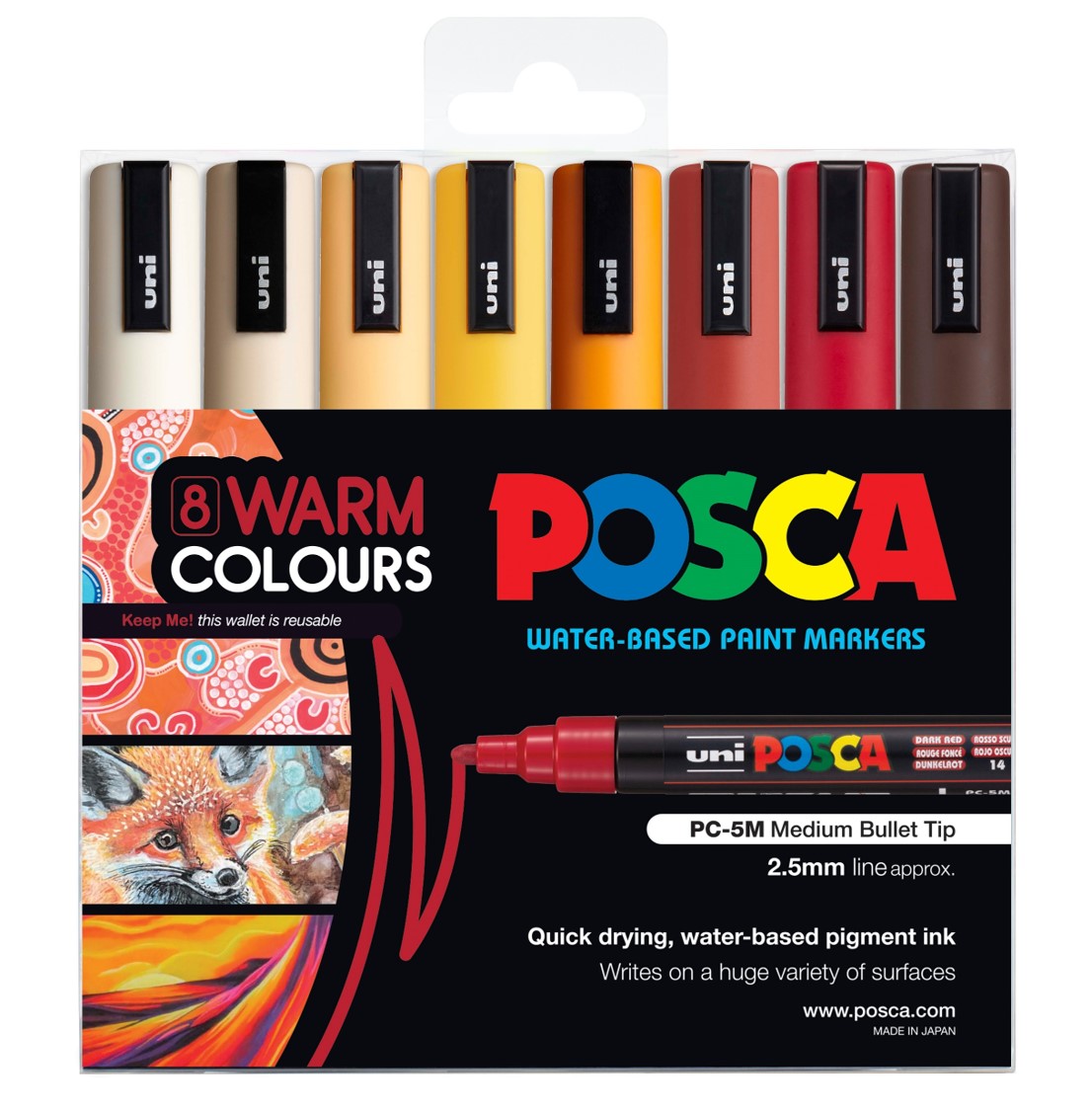 MARKER UNI POSCA PAINT PC5M MEDIUM BULLET TIP WARM COLOURS WLT8