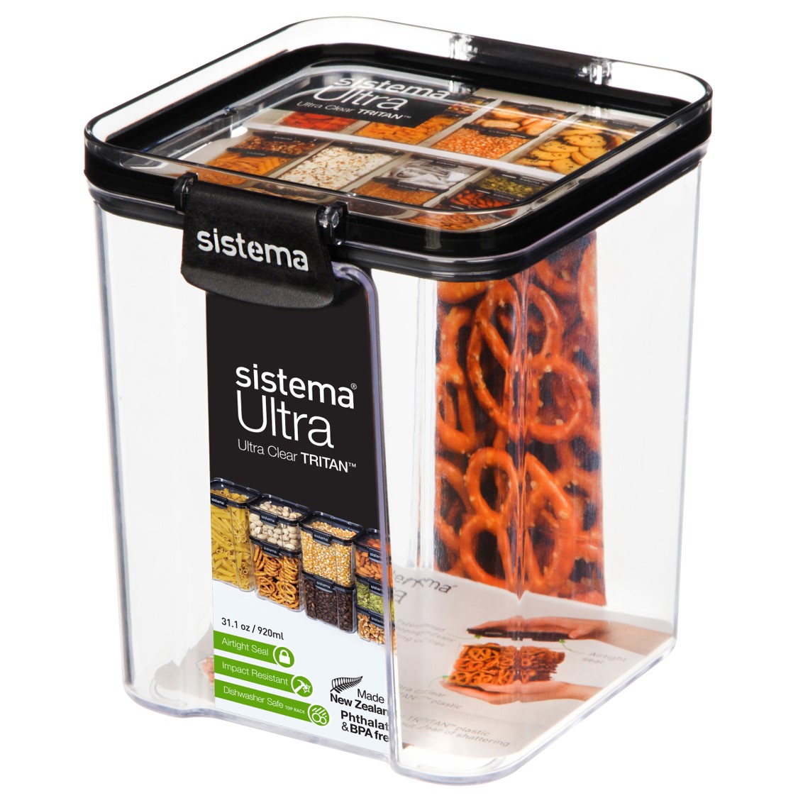 FOOD CONTAINER SISTEMA 920ML ULTRA SQUARE CLEAR/BLACK