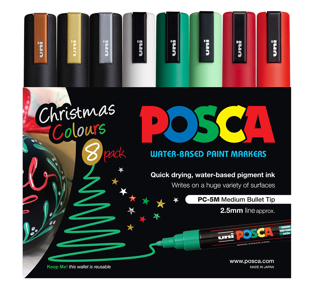 MARKER UNI POSCA PAINT PC5M MEDIUM BULLET TIP XMAS COLOURS WLT8