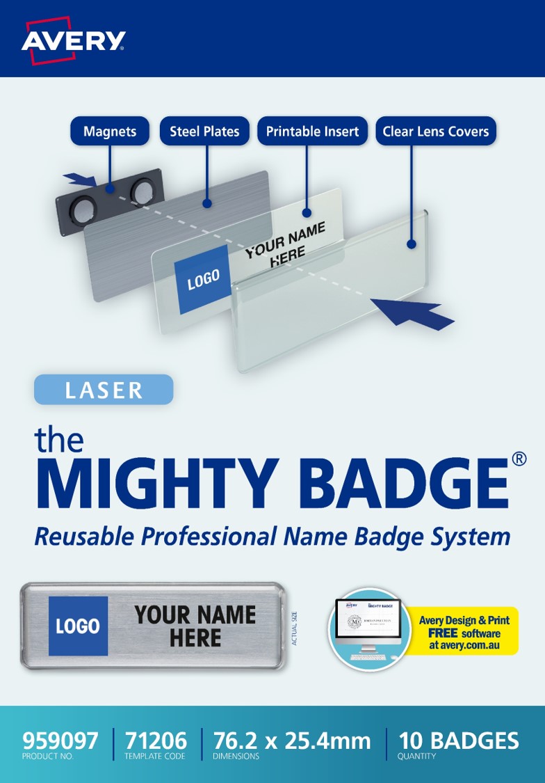 LABEL AVERY 76.2X25.4MM 71206 REUSABLE NAME BADGE KIT WHITE/CLEAR