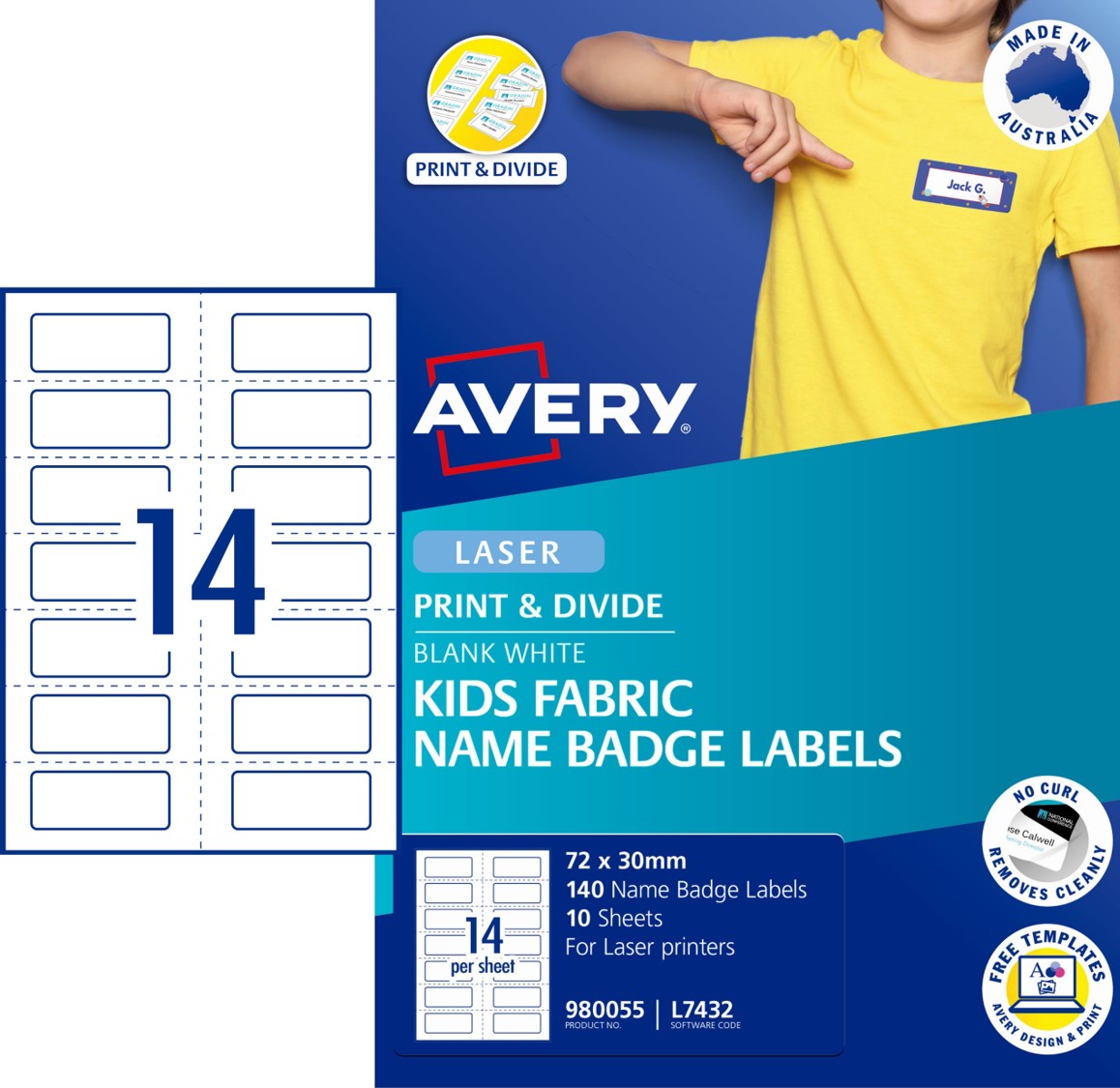 LABEL AVERY 72X30MM L7432 KIDS FABRIC NAME BADGE WHITE