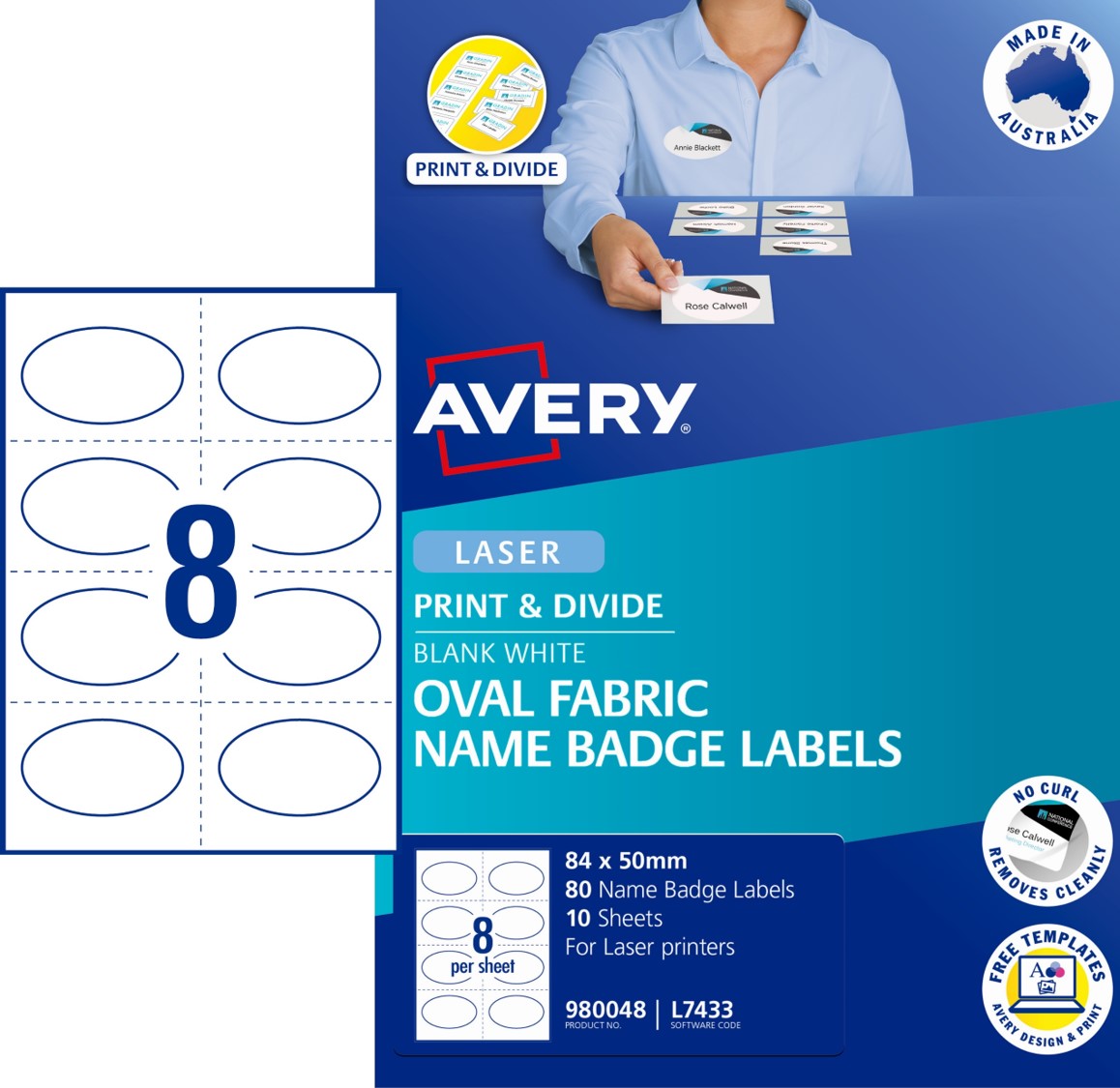 LABEL AVERY 84X50MM L7433 OVAL FABRIC NAME BADGE WHITE