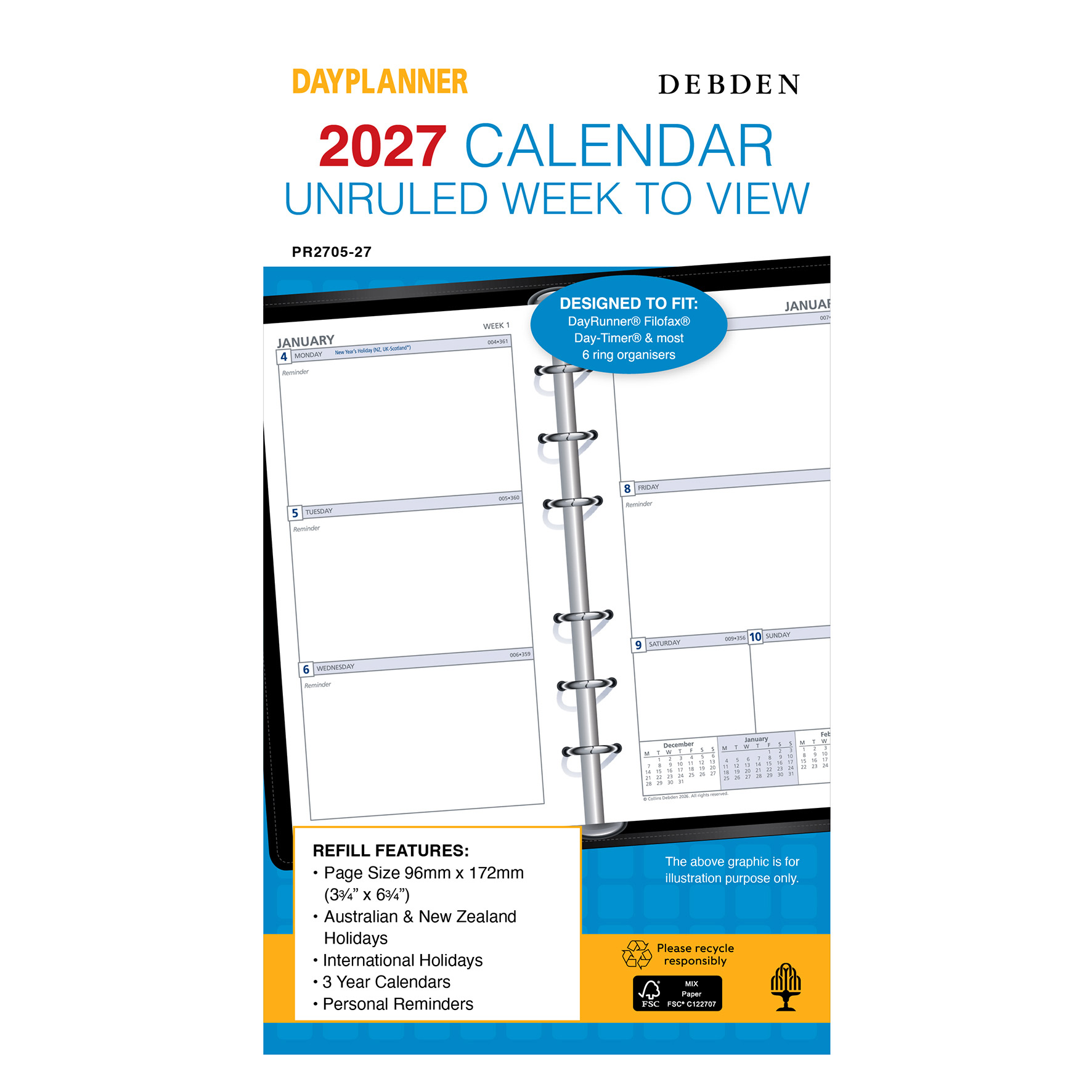 REFILL 2027 DEBDEN DAYPLANNER 96X172MM PR2700 PERSONAL 6 RING UNRULED